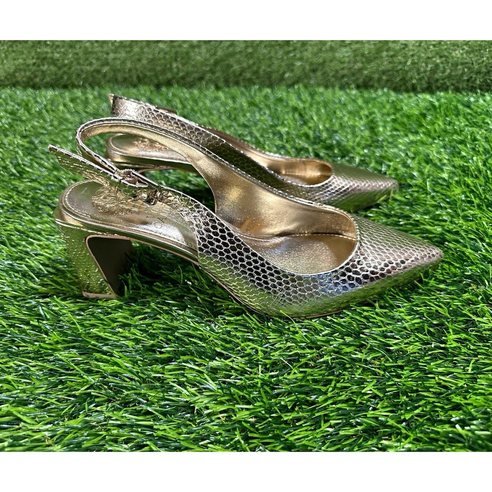 Vince Camuto Womens Gold Leather Snakeskin Slingback Pointed Toe Block Heel 7